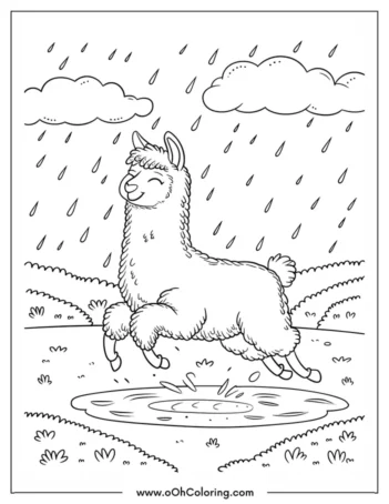 Coloring page of a llama joyfully jumping in the rain.