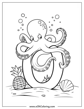 Coloring page of an octopus with the letter O, a pineapple, and a seashell