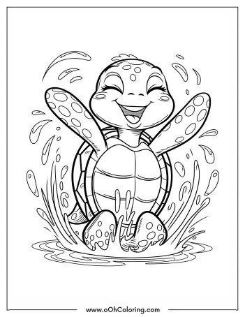 A coloring page of a smiling turtle splashing in water
