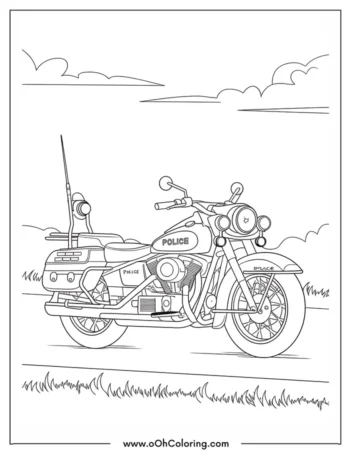 Coloring page of a police motorcycle with detailed equipment