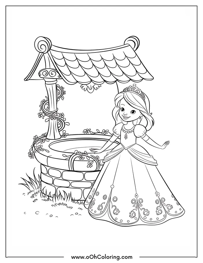 A coloring page of a princess in a gown standing next to a wishing well
