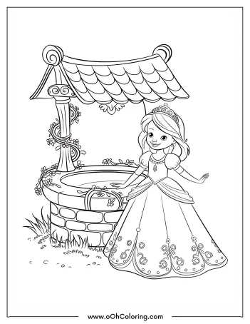 Coloring page of a princess in a gown standing next to a wishing well.