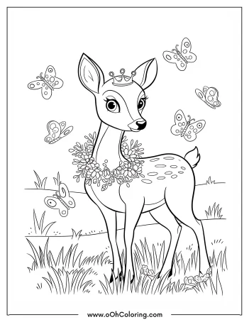 Coloring page of a princess deer with a crown and floral necklace, surrounded by butterflies.