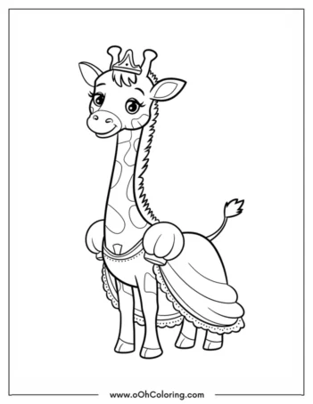 A coloring page of a giraffe wearing a princess crown and dress