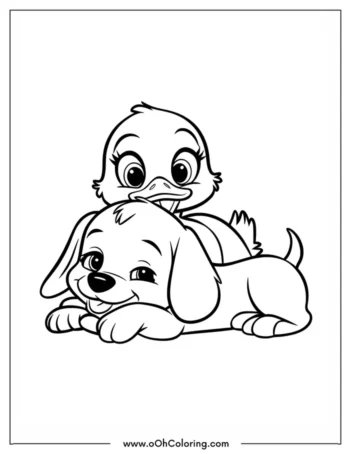 A coloring page with a playful puppy and a cheerful duckling