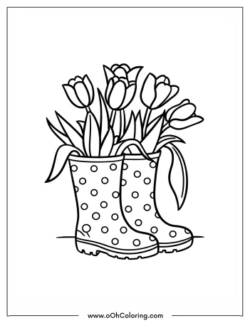 A coloring page of polka-dotted rain boots with tulips inside