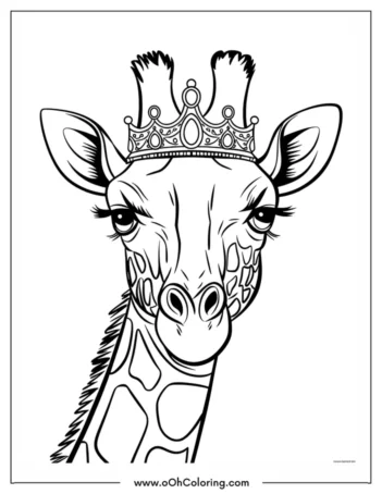 A coloring page of a giraffe with a royal crown
