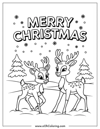 Coloring page with two reindeer and Christmas trees.
