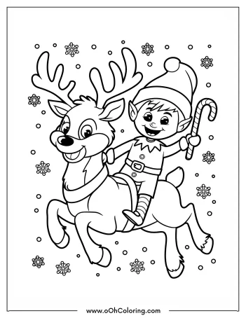 Elf riding a reindeer with snowflakes and candy cane coloring page.