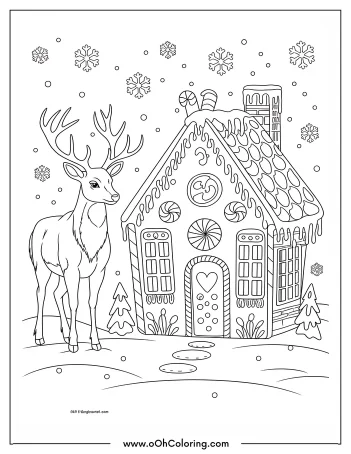 Reindeer standing next to a gingerbread house with snowflakes and candy decorations.