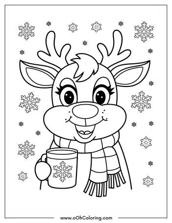 A reindeer wearing a scarf, holding hot cocoa with snowflakes around.