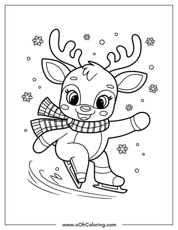 Cute reindeer ice skating, wearing a scarf, surrounded by snowflakes.