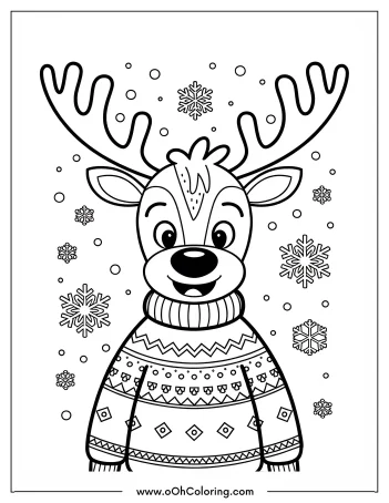 Reindeer wearing a sweater with snowflakes coloring page