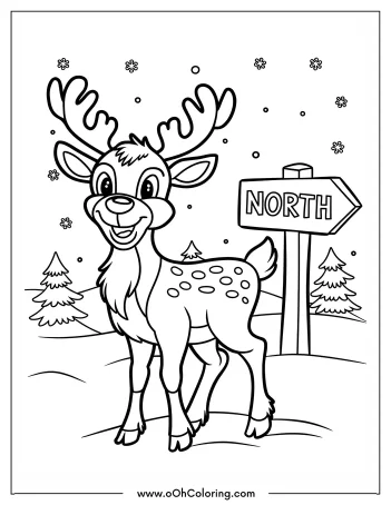 Coloring page with a cheerful reindeer and a North sign amidst snowflakes and pine trees.