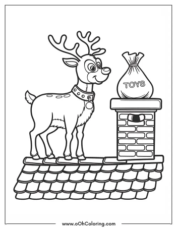Reindeer on a rooftop beside a chimney with a bag of toys, ready for Christmas.