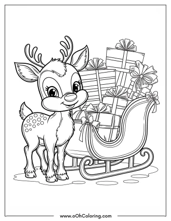 Coloring page of a reindeer with a sleigh full of gifts.