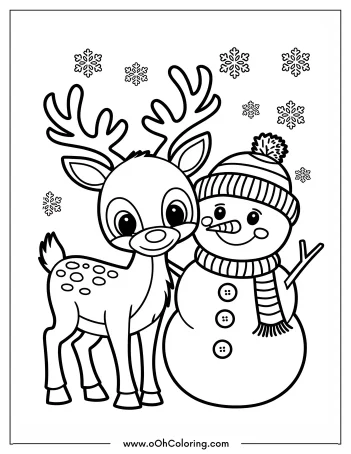 Coloring page with a reindeer and snowman surrounded by snowflakes.