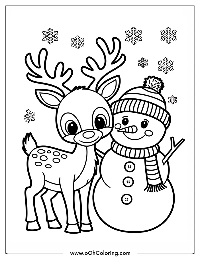 Coloring page with a reindeer and snowman surrounded by snowflakes.
