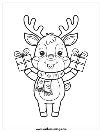 A reindeer wearing a scarf and holding gift boxes.