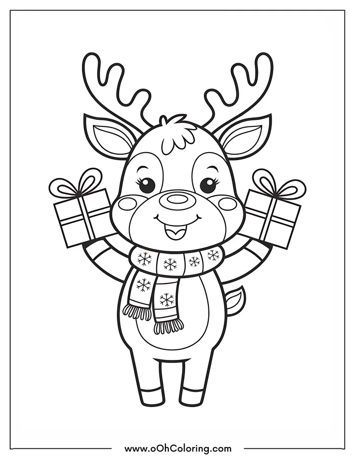 A reindeer wearing a scarf and holding gift boxes.