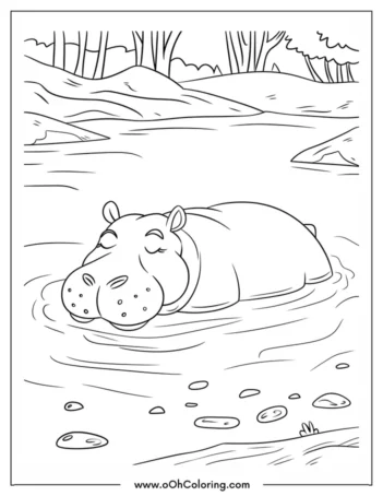 A coloring page of a hippo resting in a river
