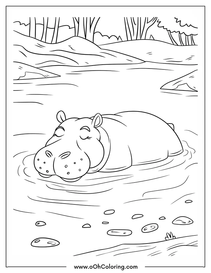 A coloring page of a hippo resting in a river