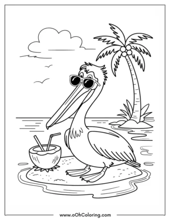 A coloring page of a pelican wearing sunglasses on a beach