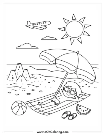 A coloring page of a boy relaxing under an umbrella at the beach
