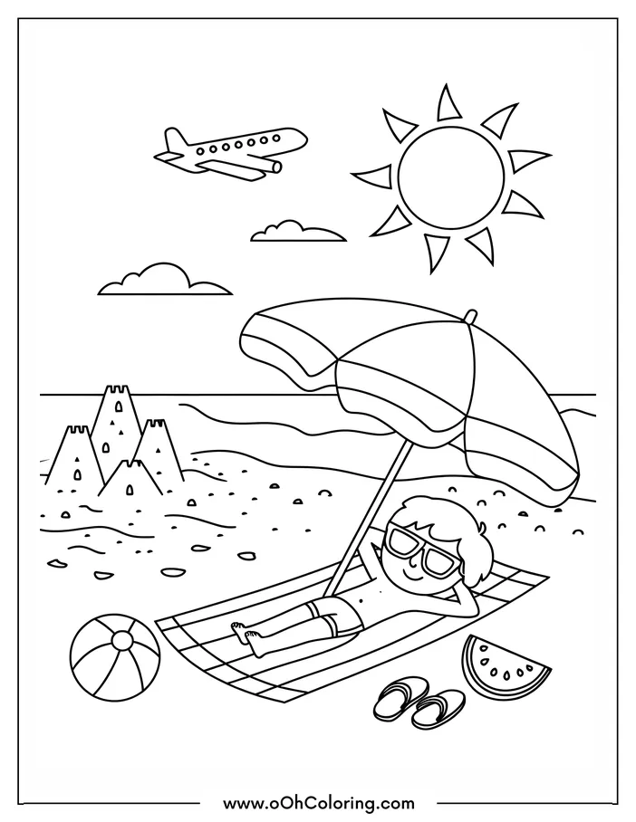 A coloring page of a boy relaxing under an umbrella at the beach