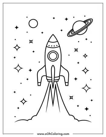 A coloring page of a rocket ship with stars and planets in the background