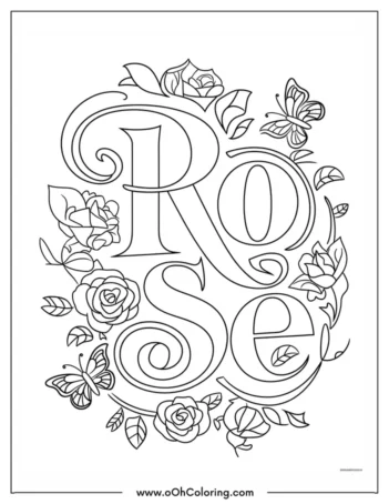 Coloring page with the word 'Rose' surrounded by roses and butterflies