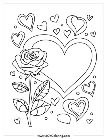 A coloring page with a rose and multiple heart designs