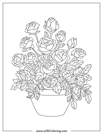 A coloring page depicting a bouquet of roses in a pot