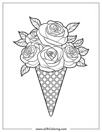 A coloring page of roses arranged in an ice cream cone