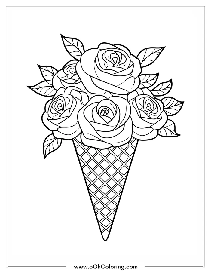 A coloring page of roses arranged in an ice cream cone
