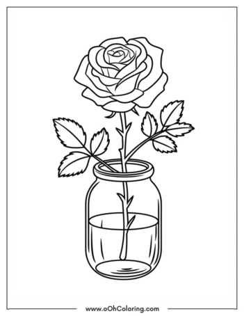 A coloring page of a rose in a jar