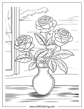 A coloring page of three roses in a vase by a window