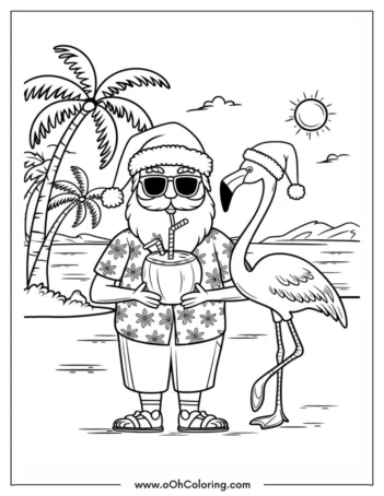 Santa Claus on a beach with a flamingo and palm trees