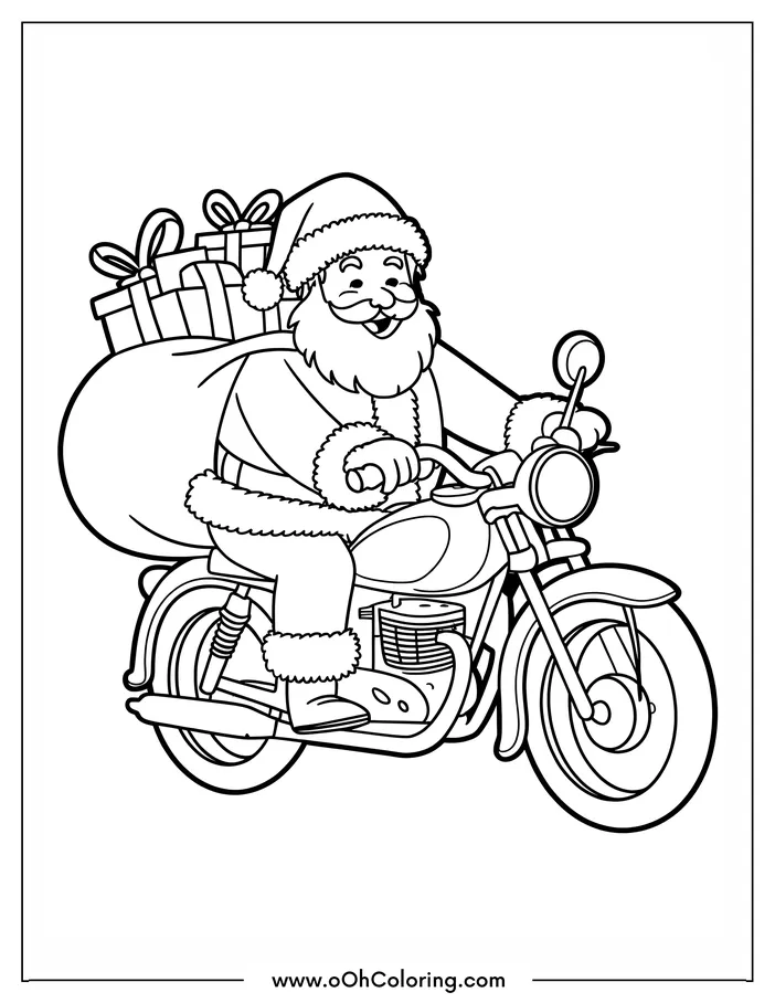 Santa Claus riding a motorcycle with a sack of gifts