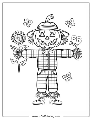 A scarecrow holding a sunflower with butterflies around, on a coloring page.