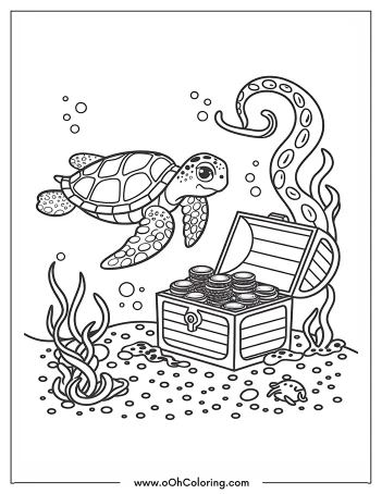 A coloring page of a sea turtle near a treasure chest underwater