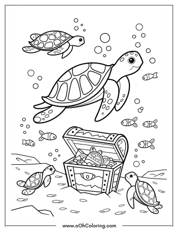 A coloring page of sea turtles swimming near a treasure chest