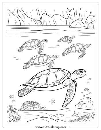 A coloring page of sea turtles swimming in the ocean