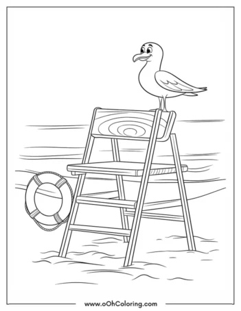 A coloring page of a seagull sitting on a lifeguard chair by the beach