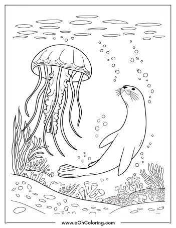 A coloring page featuring a seal swimming near a jellyfish in the ocean