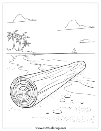 Coloring page depicting a large log on a beach with a sailboat in the background