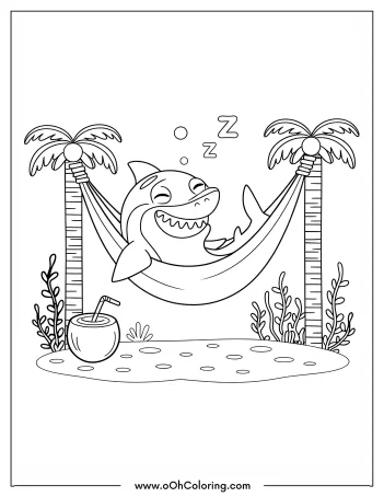 Coloring page of a smiling shark in a hammock with palm trees.