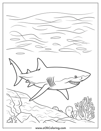 A coloring page of a shark swimming underwater with ocean elements.