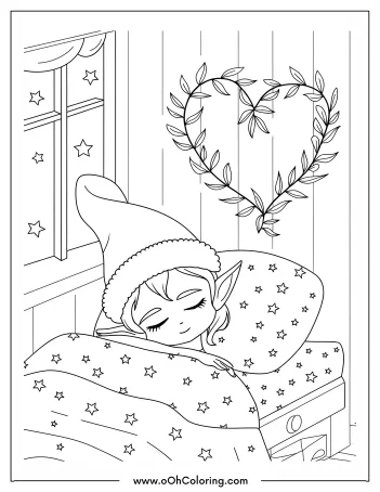 Elf sleeping in bed with starry sheets and a heart-shaped wreath on the wall.