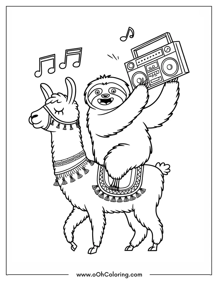 A coloring page of a sloth with a boombox on a llama